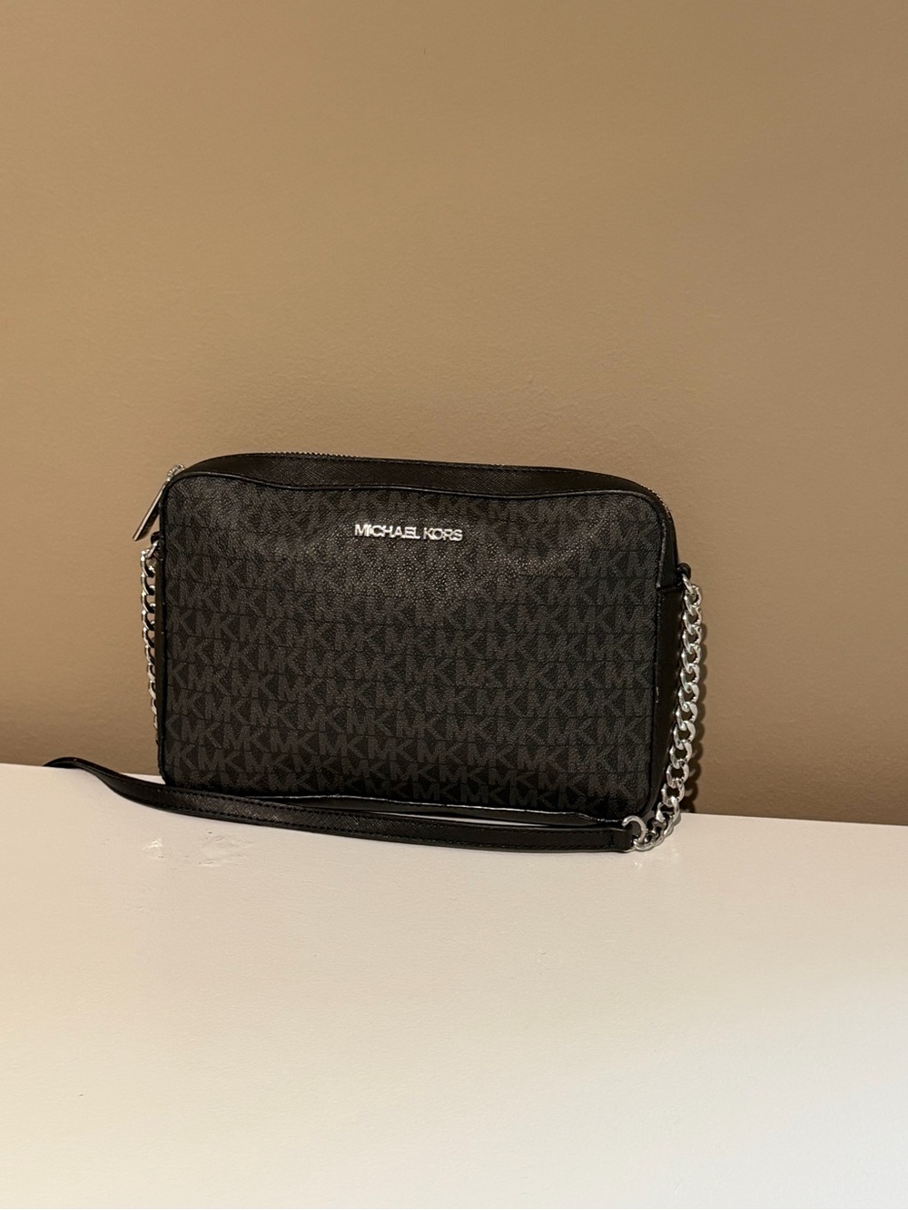 Michael Kors Black MK Monogram Crossbody with Silver Chain